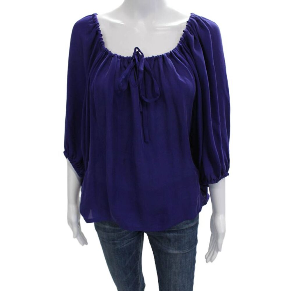 Emerson Thorpe Womens Tunic Blouse Purple 3/4 Sleeve Boho Drawstring Size XS